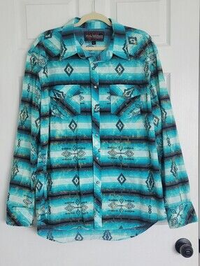 Rock & Roll Cowboy Men’s Turquoise Aztec Western Pearl Snap Long Sleeve Shirt
